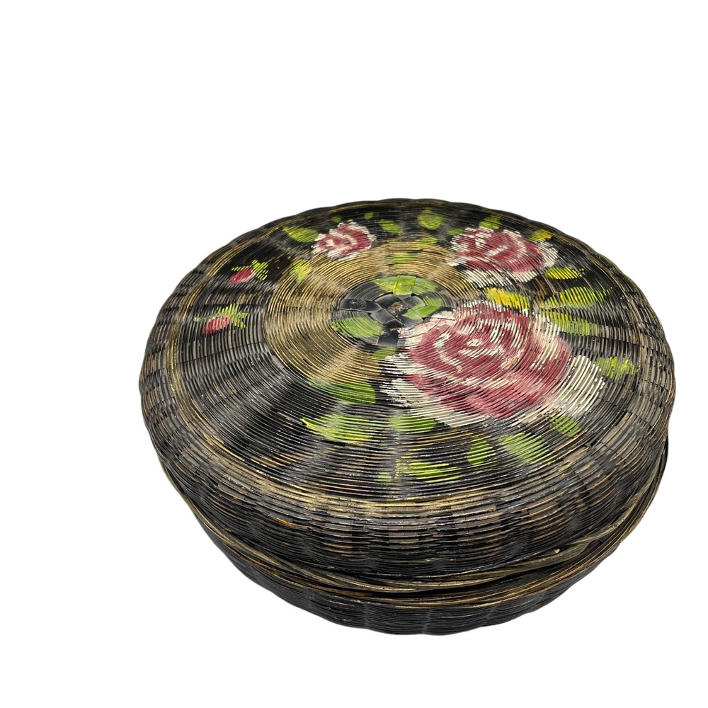 Vintage Hand Painted Woven Wicker Sewing Basket Round Floral Rose Lidded Box